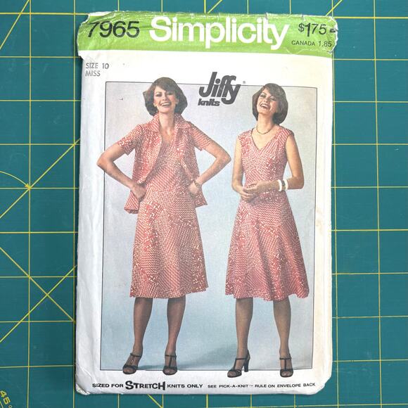 Vtg Uncut Misses Jiffy Knits Pullover Dress, Jacket Pattern Simplicity 7965 Sz10 - Picture 1 of 6